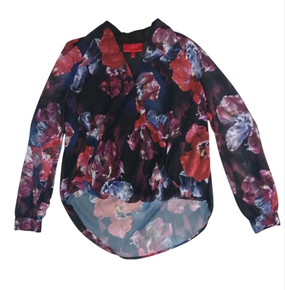 Jennifer Lopez Red Long Sleeve Floral Wrap Top with Notched Collar size small